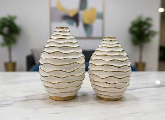 Elegant White and Black Wave Textured Ceramic Vase Set (2 Piece) (Only In Karachi)