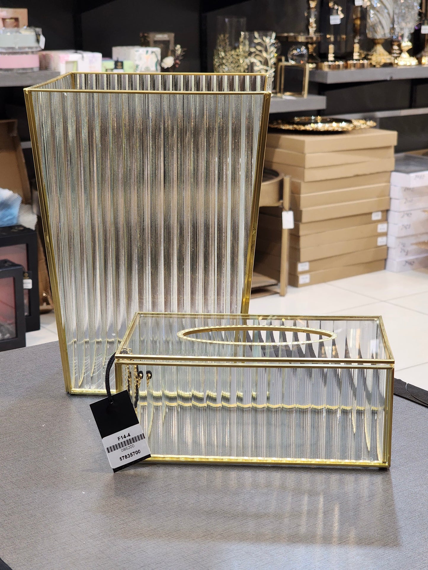 Elegant Fluted Glass & Gold Trim Home Accessory Set