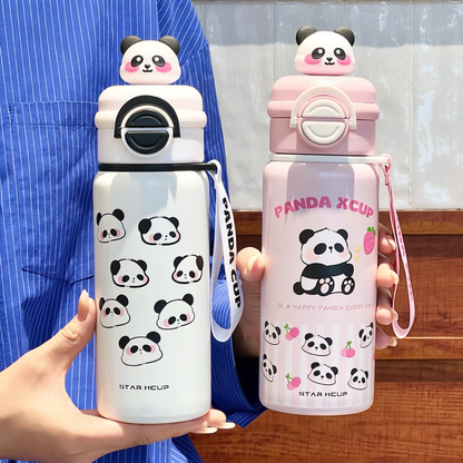 Cute Panda Stainless Steel Straw Water Bottle with Carrying Strap - 550ml