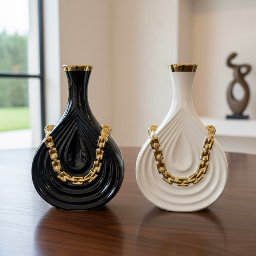 Black & White Wave Vases with Gilded Chain Accent