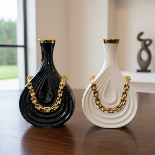 Black & White Wave Vases with Gilded Chain Accent