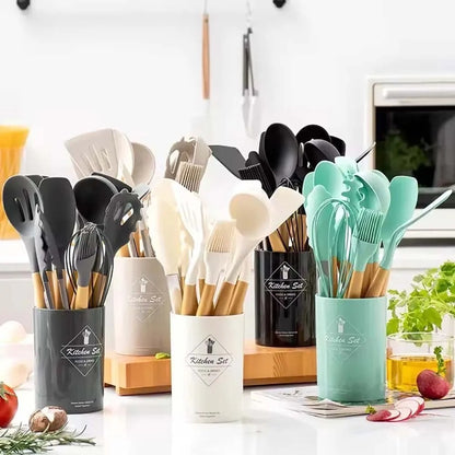 12-Piece Non-Stick Silicone Kitchen Utensil Set with Wooden Handles