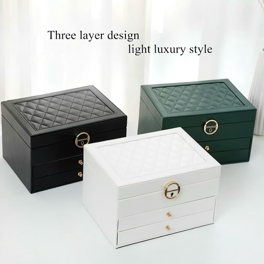 Multi-Layer Quilted PU Leather Jewelry Organizer Box with Drawers & Lock