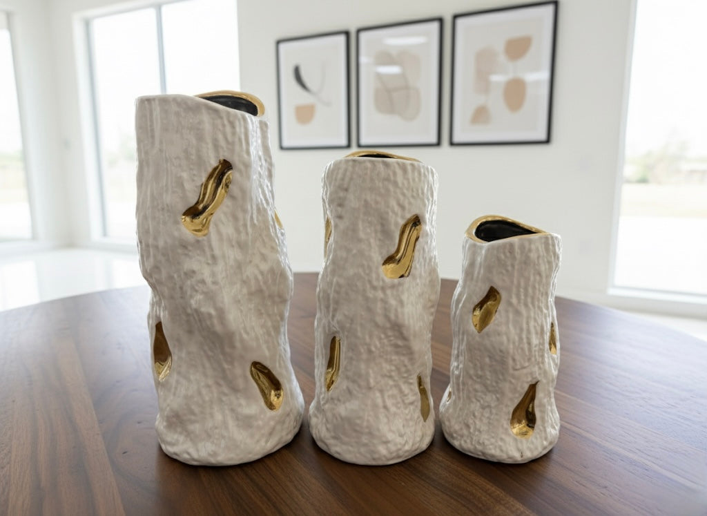 Abstract Ceramic Tree Bark Vases with Gold Glaze Accents Set (3 Piece) (Only In Karachi)