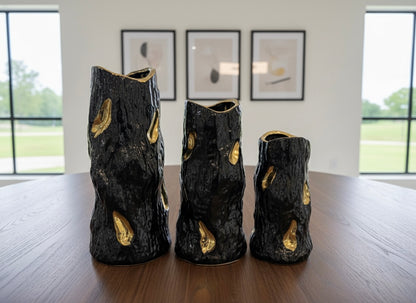 Abstract Ceramic Tree Bark Vases with Gold Glaze Accents Set (3 Piece) (Only In Karachi)