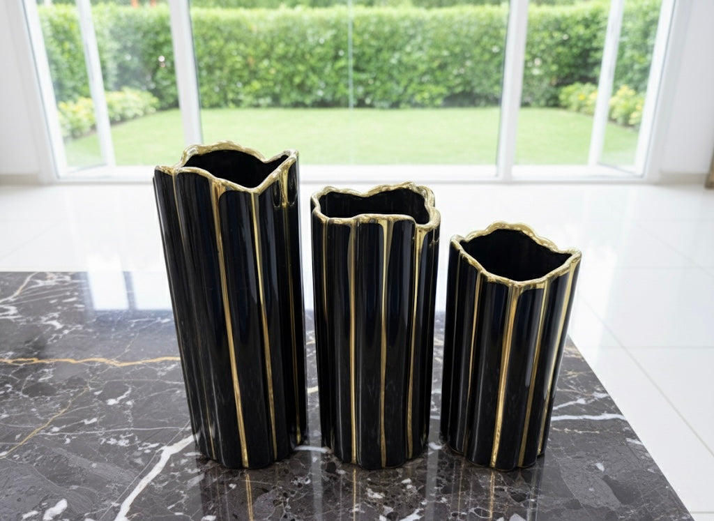Luxury Black & Gold Ceramic Fluted Vase Set (3 Piece) (Only In Karachi)