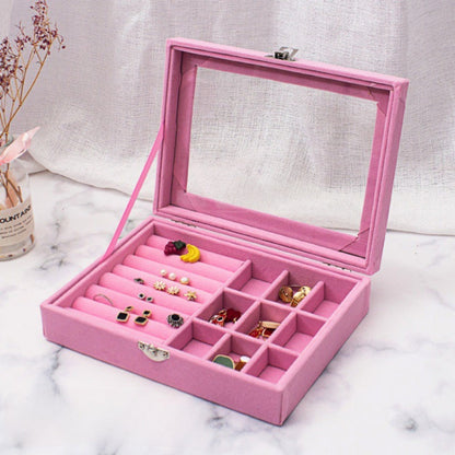 Velvet Jewelry Storage Organizer Box with Glass Lid & Buckle Clasp