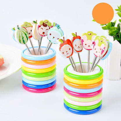 Cartoon Character Fruit Fork Set with Rainbow Holder