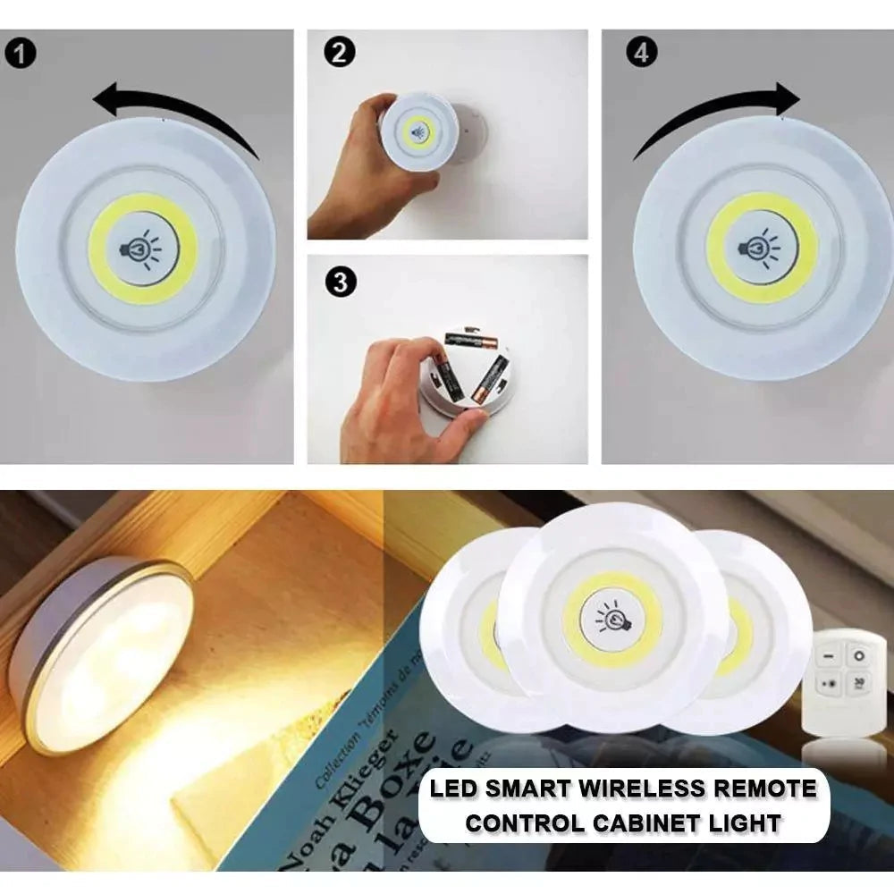 Wireless Remote Control LED Puck Lights - 3 Pack Under Cabinet & Wardrobe Lighting