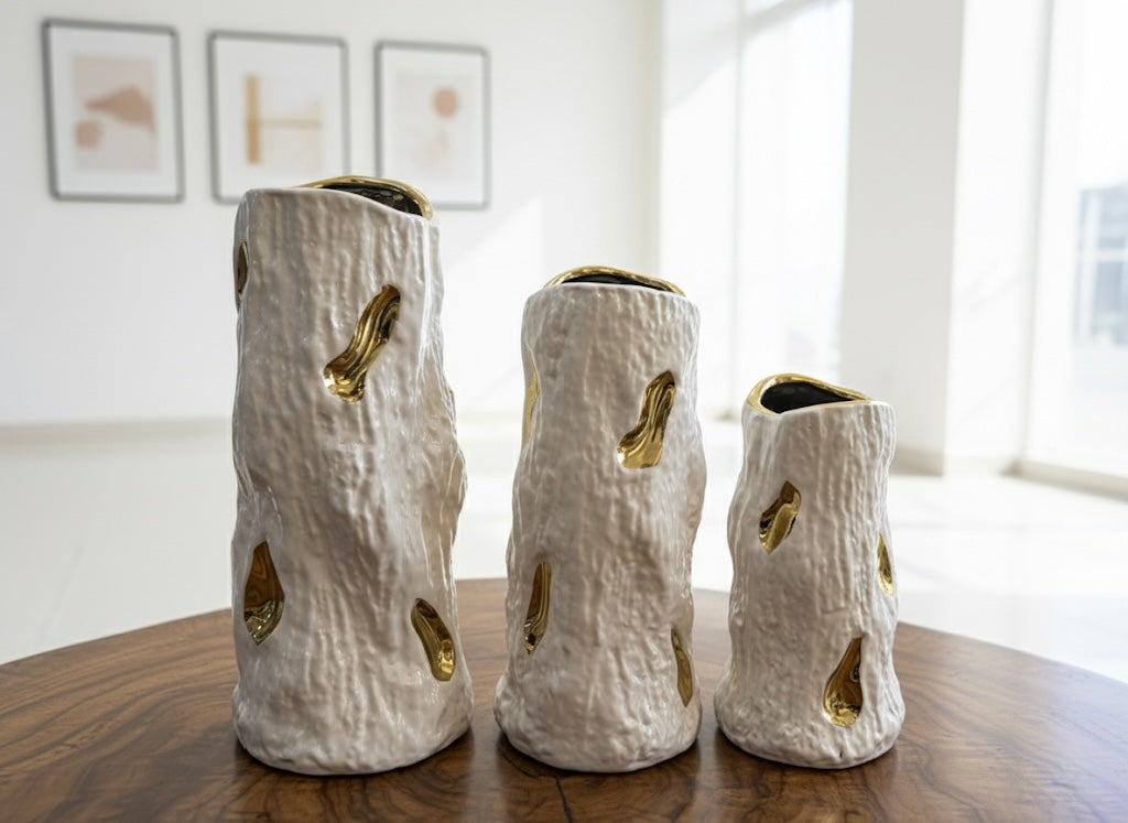 Abstract Ceramic Tree Bark Vases with Gold Glaze Accents Set (3 Piece) (Only In Karachi)