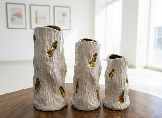 Abstract Ceramic Tree Bark Vases with Gold Glaze Accents Set (3 Piece) (Only In Karachi)