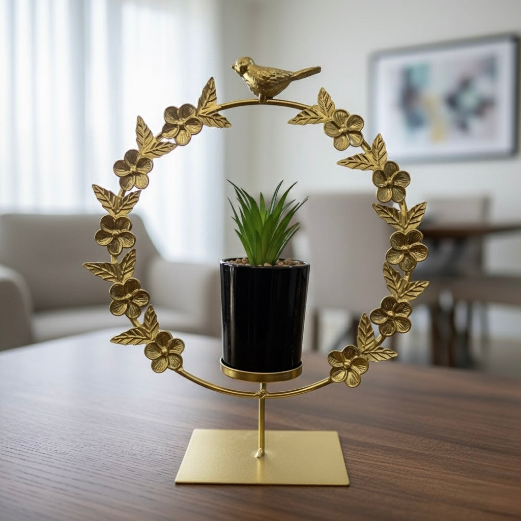 Bird & Floral Metal Frame with Ceramic Cactus