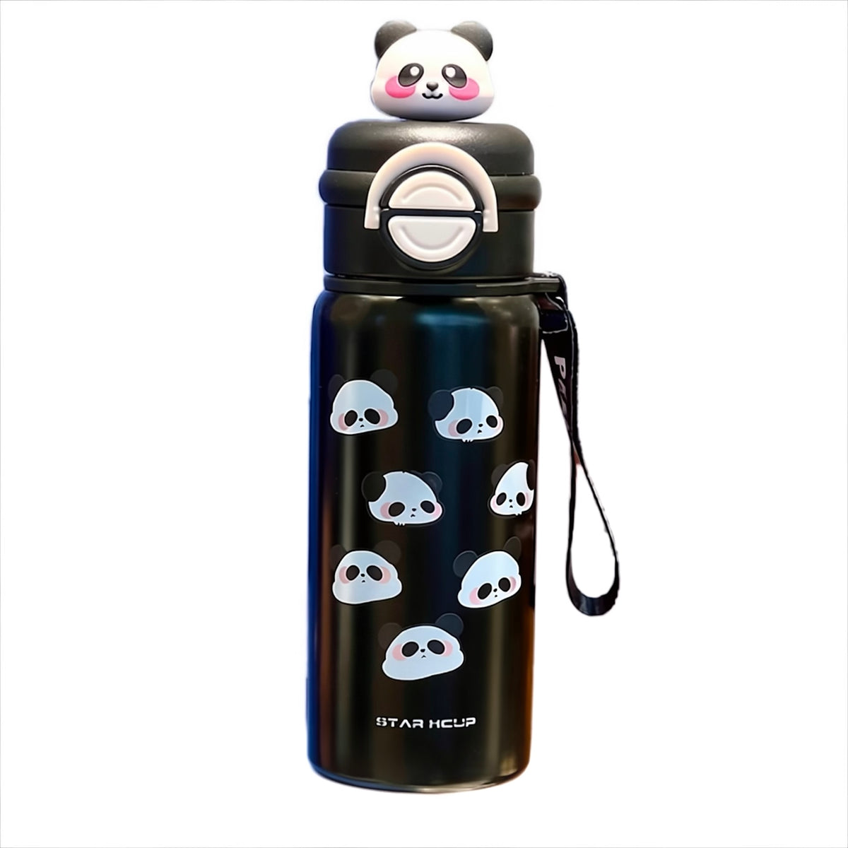 Cute Panda Stainless Steel Straw Water Bottle with Carrying Strap - 550ml