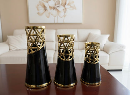 Gilded Geometric Ceramic Vase Set | Black & White (3 Piece) (Only In Karachi)