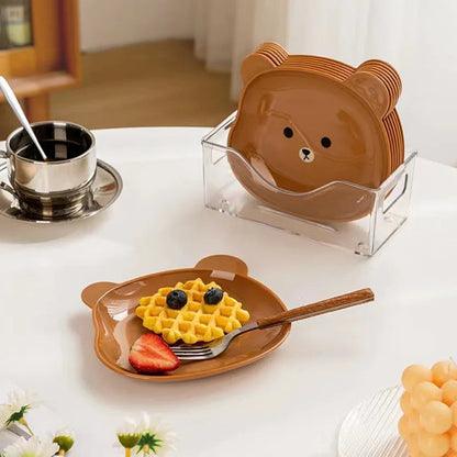 Cute Bear-Shaped Snack Plate Set with Clear Storage Holder (Set of 8)