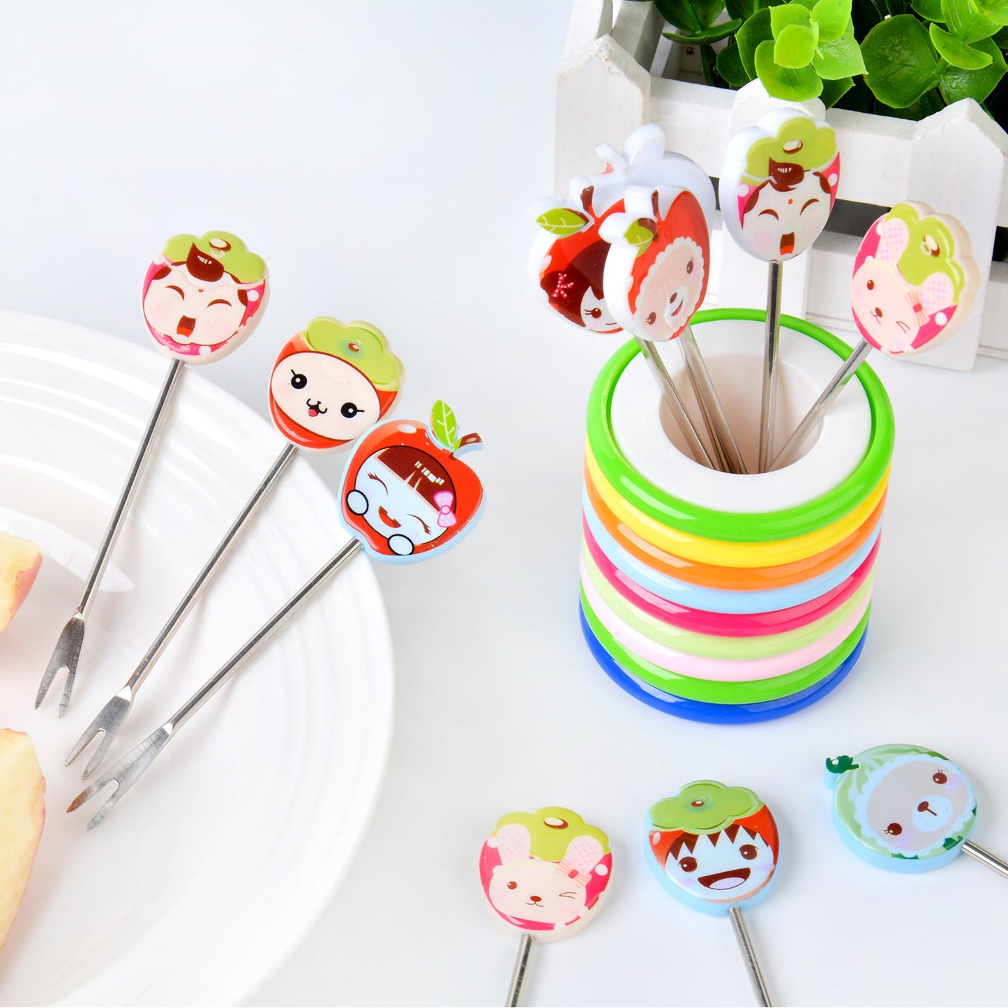 Cartoon Character Fruit Fork Set with Rainbow Holder