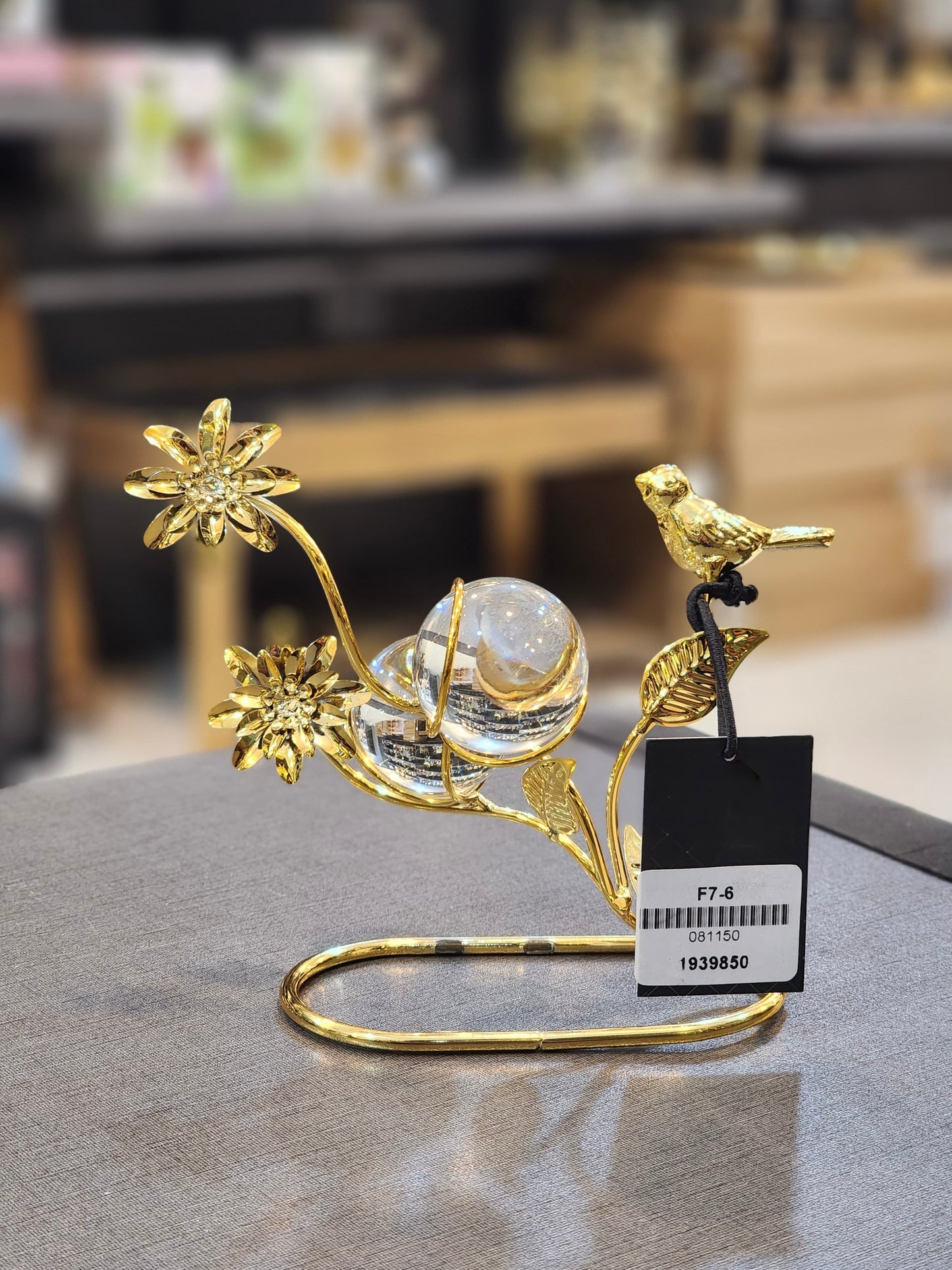 Gilded Songbird & Crystal Bloom Tabletop Sculpture