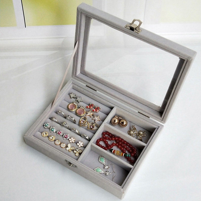 Velvet Jewelry Storage Organizer Box with Glass Lid & Buckle Clasp
