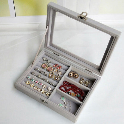 Velvet Jewelry Storage Organizer Box with Glass Lid & Buckle Clasp