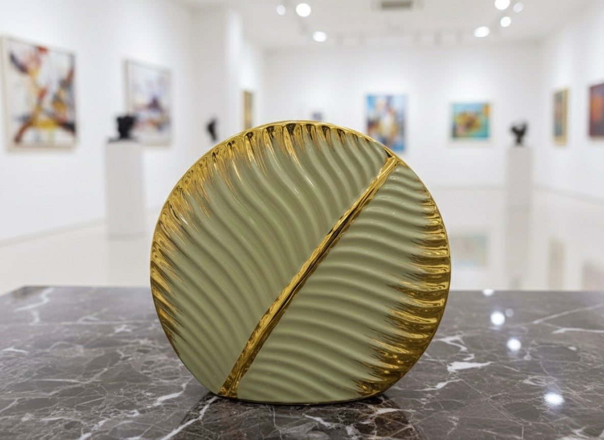 Gold-Accented Pale Green Wavy Ceramic Art Vase (Only In Karachi)