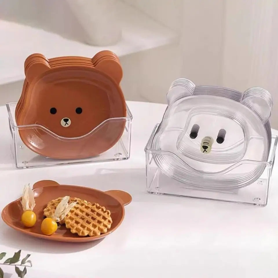 Cute Bear-Shaped Snack Plate Set with Clear Storage Holder (Set of 8)