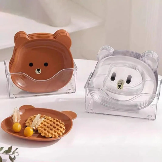 Cute Bear-Shaped Snack Plate Set with Clear Storage Holder (Set of 8)
