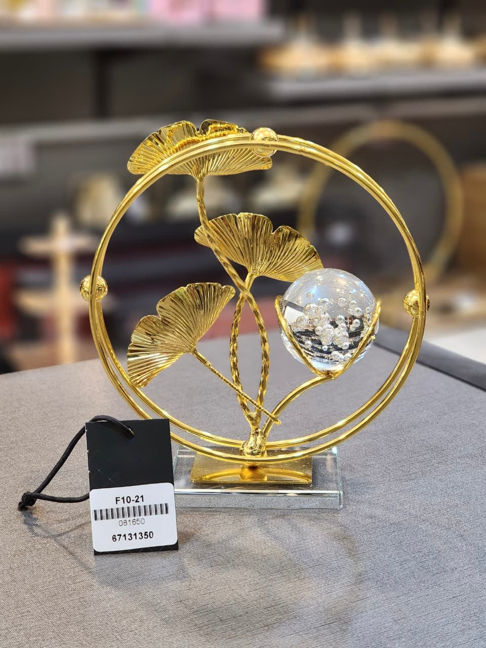 Elegant Golden Ginkgo Leaf and Crystal Sphere Table Ornament