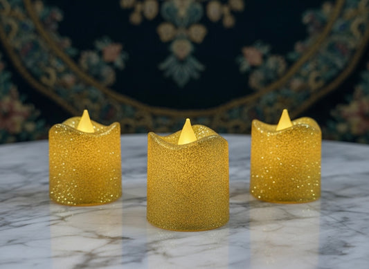 Gold Glitter LED Flameless Votive Candle Set with Flickering Amber Light (3 Piece)