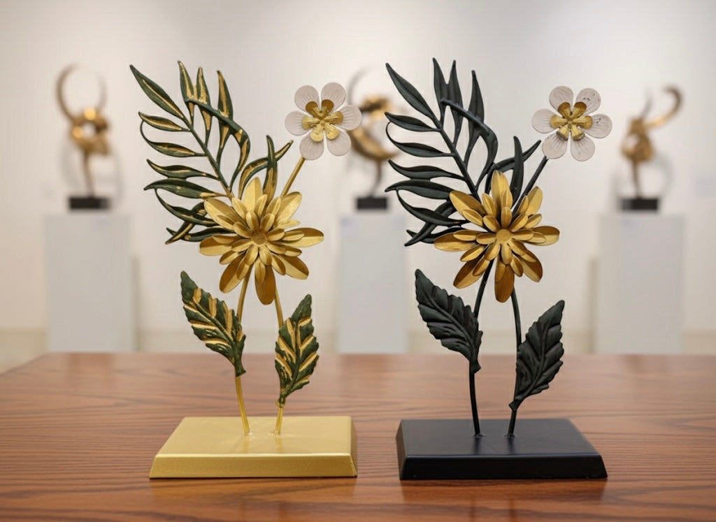 Artisanal Gold & Dark Foliage Sculptural Flower on Pedestals