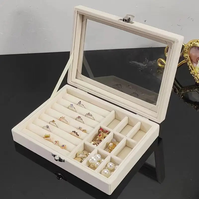 Velvet Jewelry Storage Organizer Box with Glass Lid & Buckle Clasp