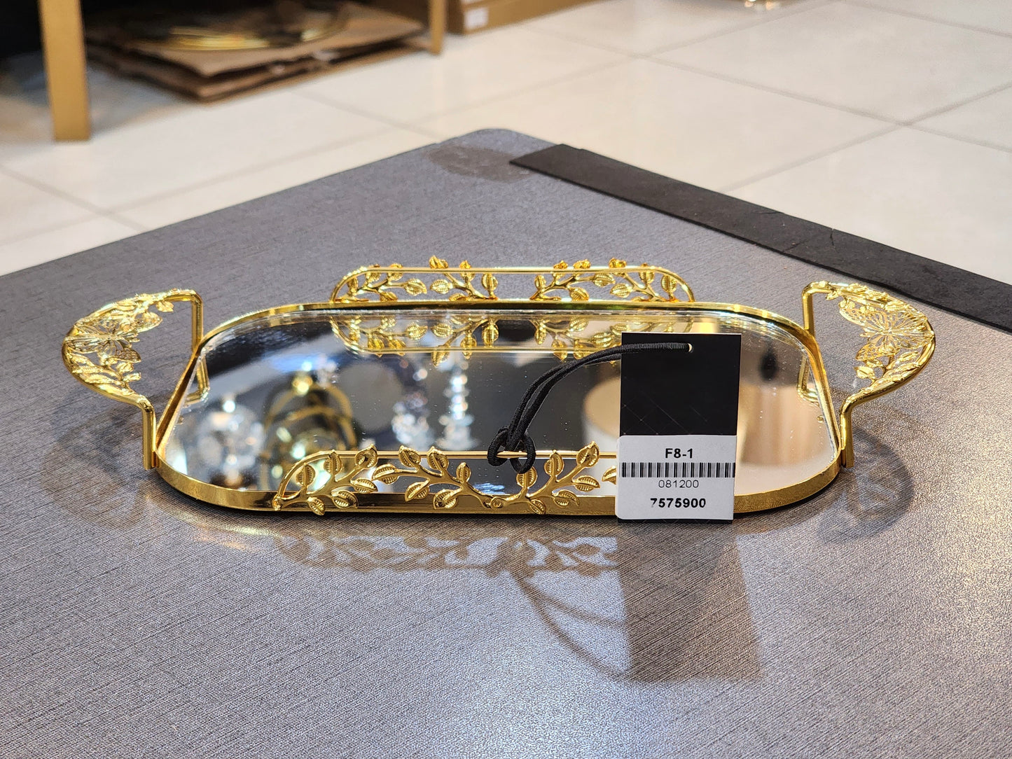Elegant Botanical Gold-Tone Mirrored Vanity Tray