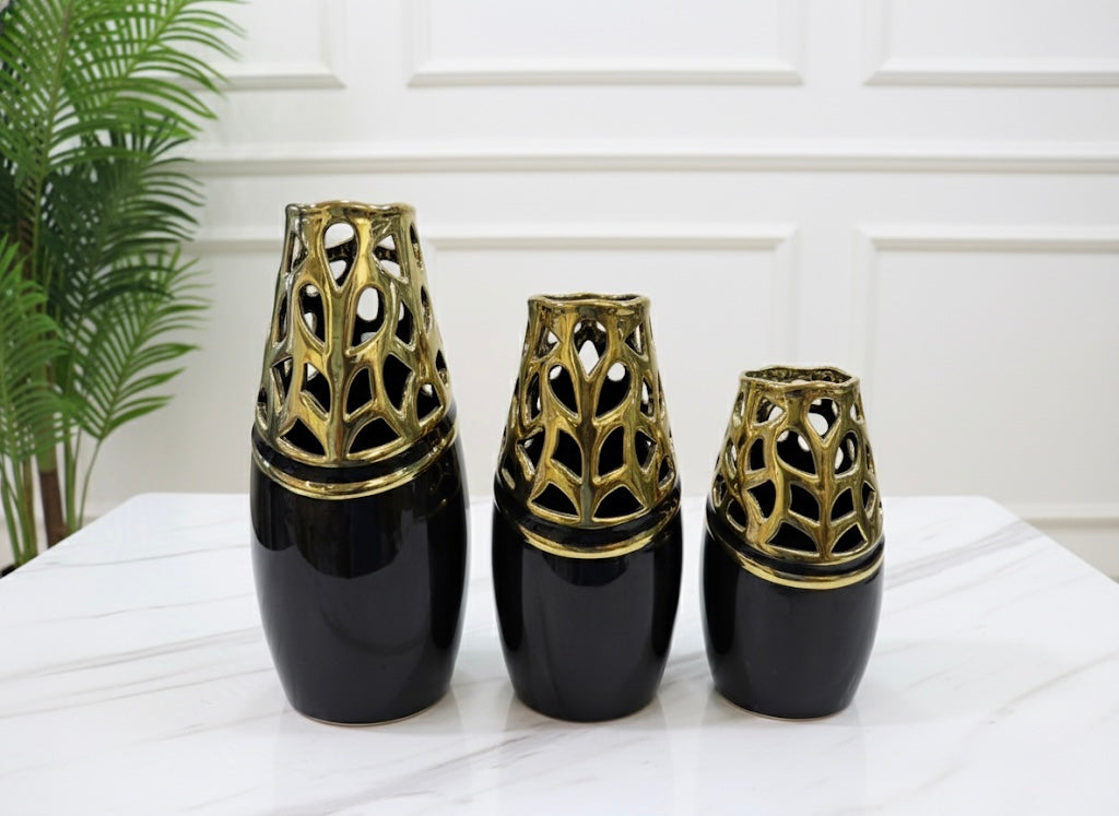 Elegant White and Black Ceramic Vase Set (3 Piece) (Only In Karachi)