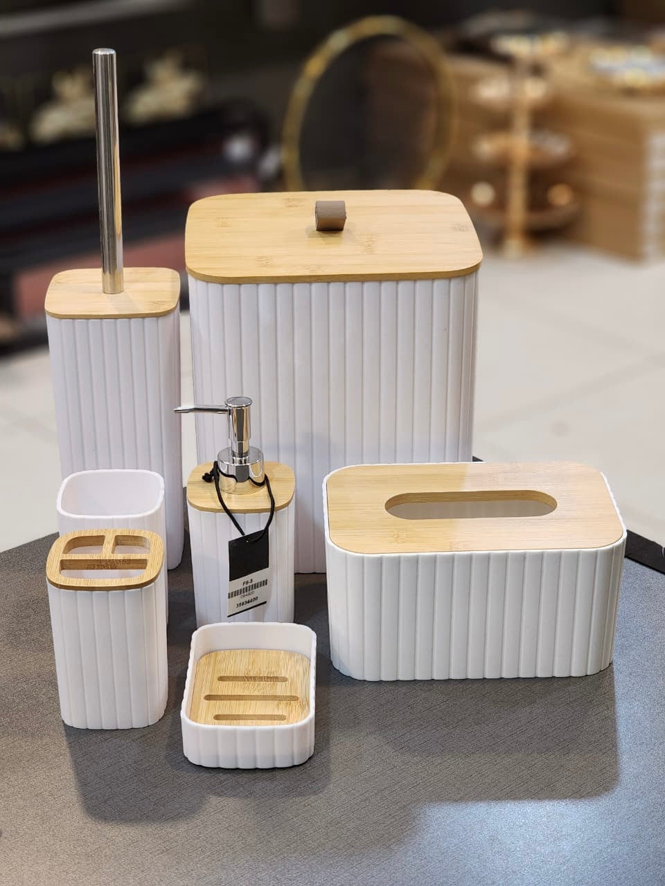 Elegant White and Wood-Accented Bathroom Accessory Set