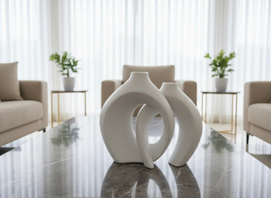 Modern Abstract Interlocking Vases with Dried Grass Accent