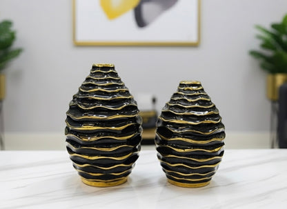 Elegant White and Black Wave Textured Ceramic Vase Set (2 Piece) (Only In Karachi)