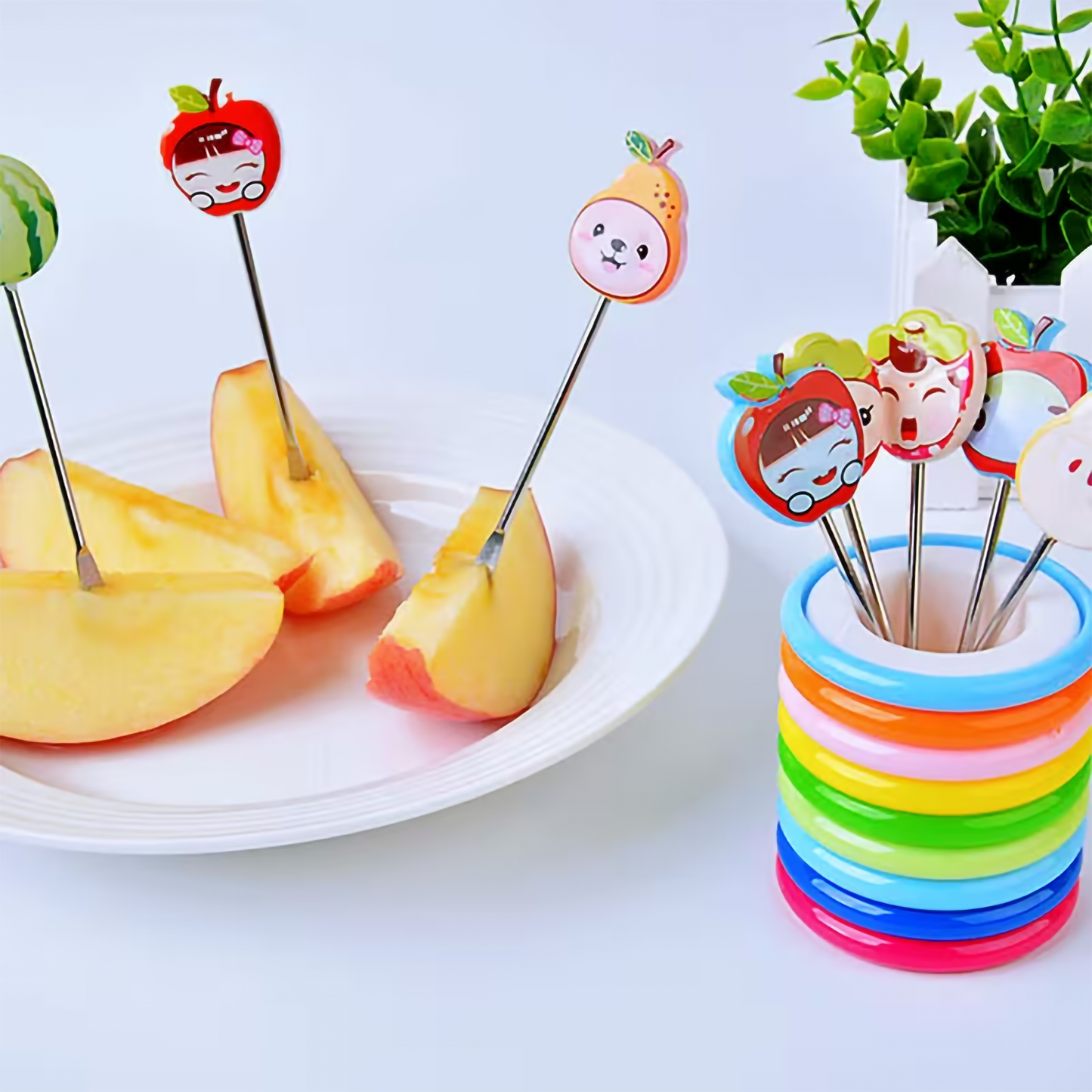 Cartoon Character Fruit Fork Set with Rainbow Holder