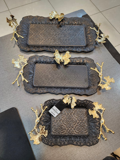 Elegance in Bloom: Gilded Butterfly & Ginkgo Filigree Trays Set (3 Piece)