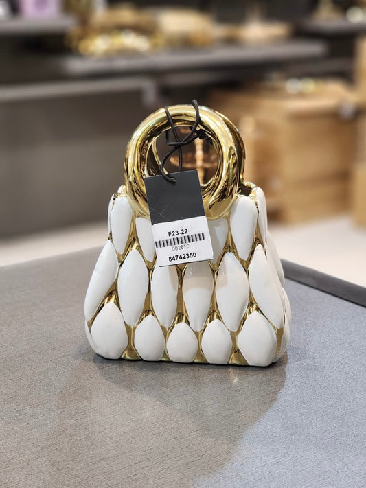 Elegant White and Gold Ceramic Purse Figurine