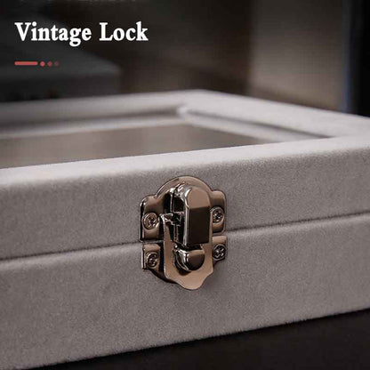Velvet Jewelry Storage Organizer Box with Glass Lid & Buckle Clasp