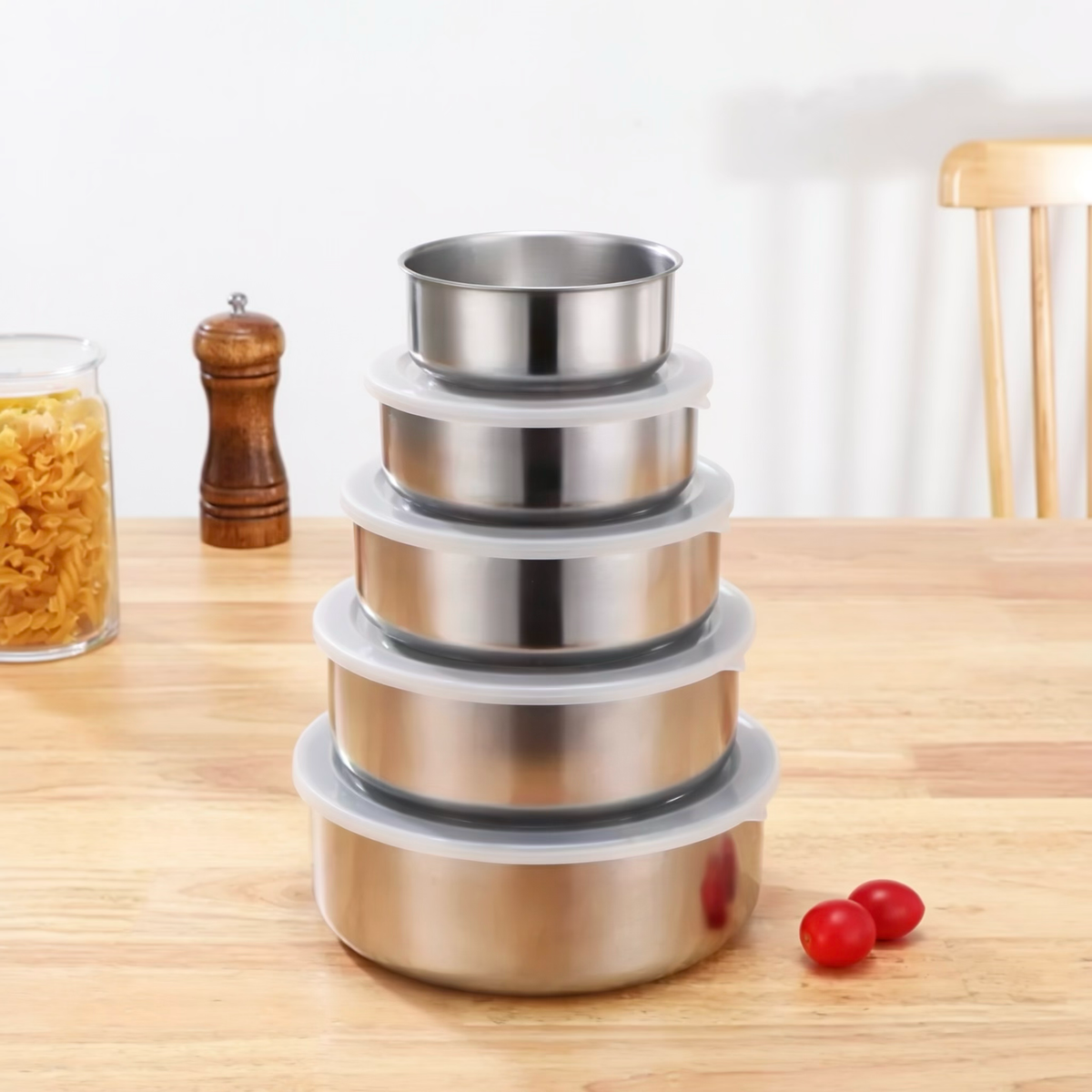 Stainless Steel Nesting Food Storage Bowl Set with Airtight Lids (Set of 5)