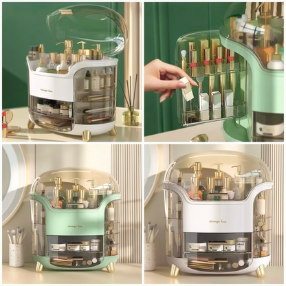 Luxury Dustproof Makeup Organizer Box with Rotating Side Doors & Drawers