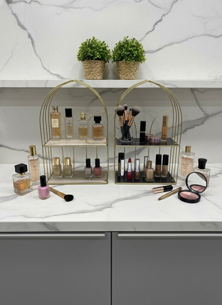 Gold Arched Two-Tiered Vanity and Cosmetic Organizer Shelves