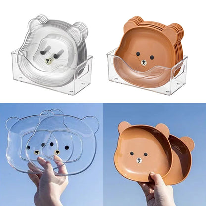 Cute Bear-Shaped Snack Plate Set with Clear Storage Holder (Set of 8)