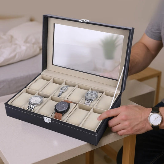 Premium 12-Slot Faux Leather Watch Display Case