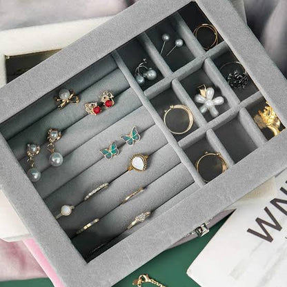 Velvet Jewelry Storage Organizer Box with Glass Lid & Buckle Clasp