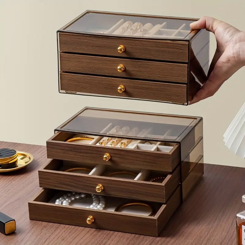 3-Tier Wooden Grain Acrylic Jewelry Storage Organizer Box