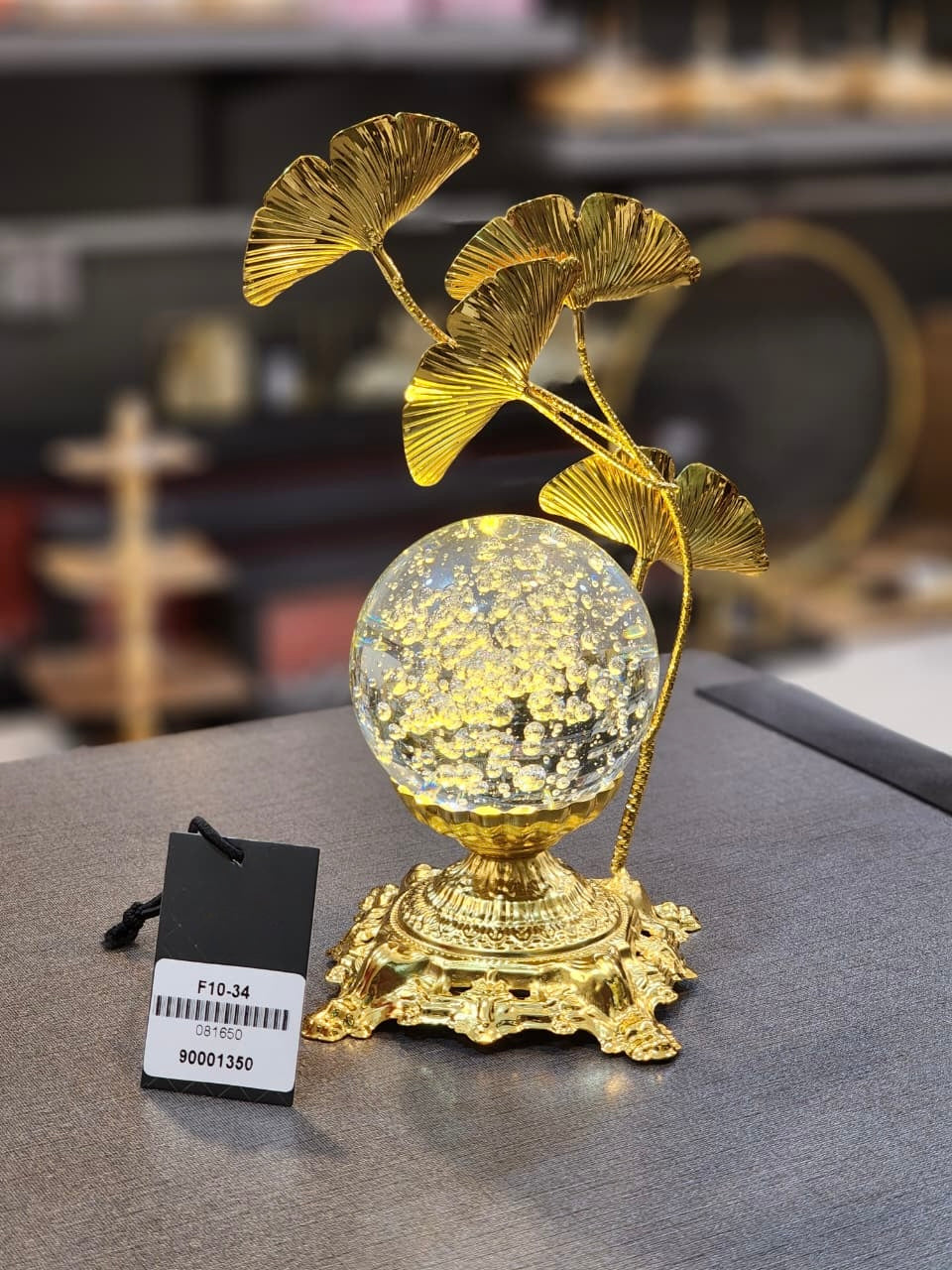 Elegant Gilded Ginkgo Biloba Crystal Sphere Lamp