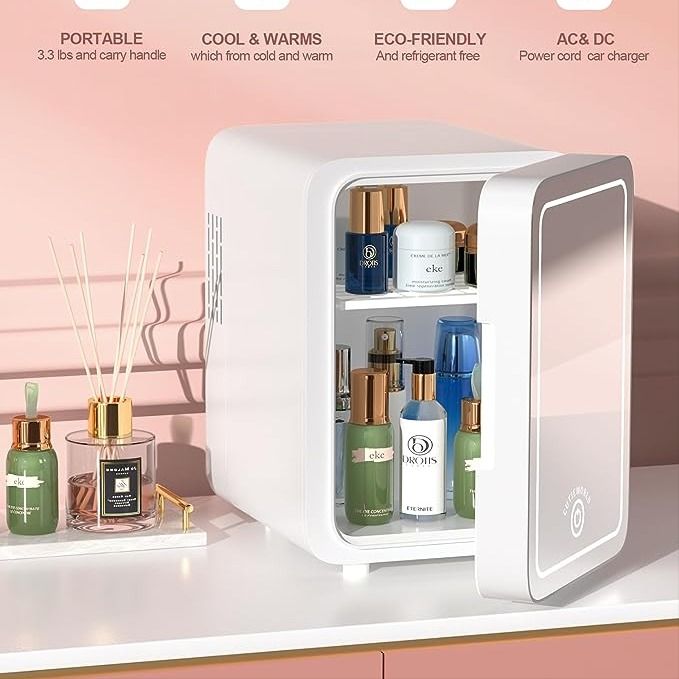 Portable 4L Mini Beauty Fridge with Dimmable LED Lighted Mirror