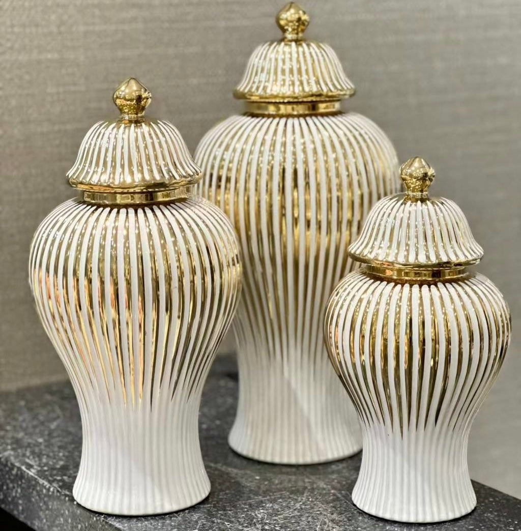 Elegant Ribbed Ceramic Ginger Jars Set (Only In Karachi)