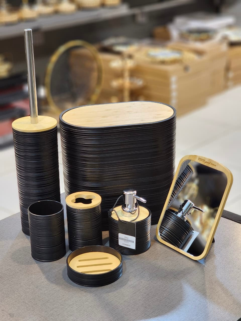 Premium Black and Wooden Style Bathroom Accessory Set